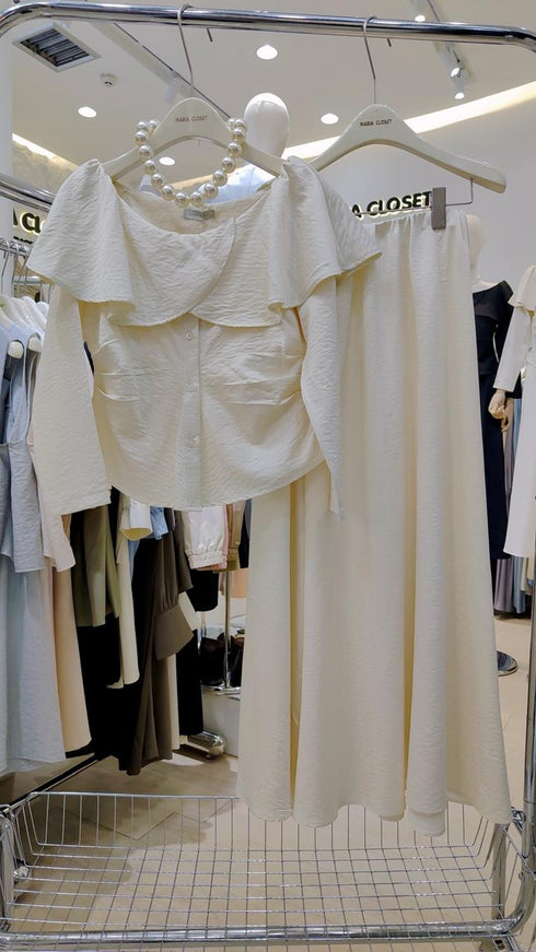 Wide Boat Neck Draped Tops With Skirts